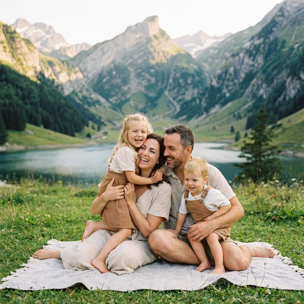 Happy expat family in a Swiss park with mountains